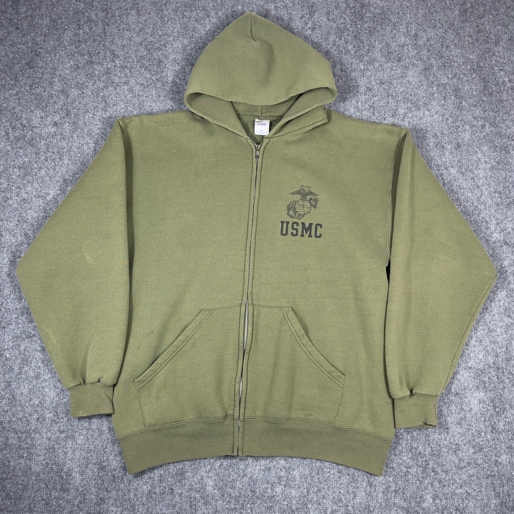 Vtg USMC Zip Hoodie Soffe Mens XL Green Military Eagle Globe Anchor Sweatshirt
